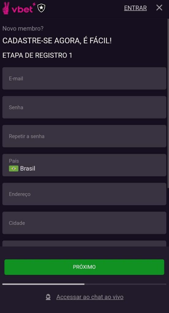 Página de registro VBET